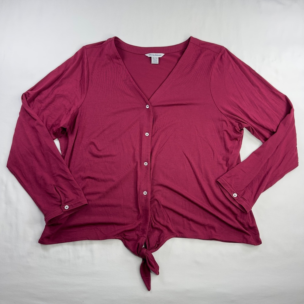 Tommy Bahama Shirt Women's‎ XL Burgundy Long Sleeve Kauai Tie Front Camp